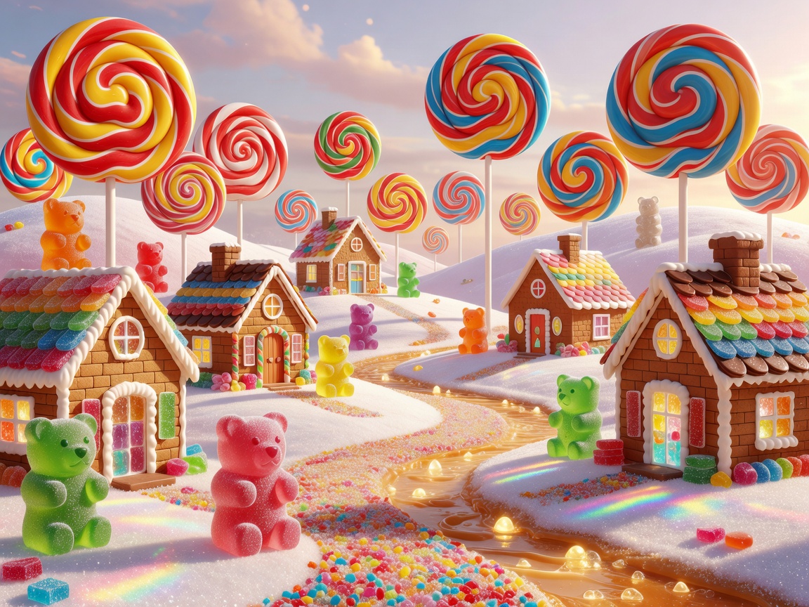 Cheerful candy village filled with oversized lollipops, gummy bears, and candy houses