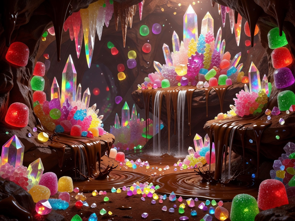 Fantasy candy cave with crystal candies, chocolate waterfalls, and glowing gumdrops