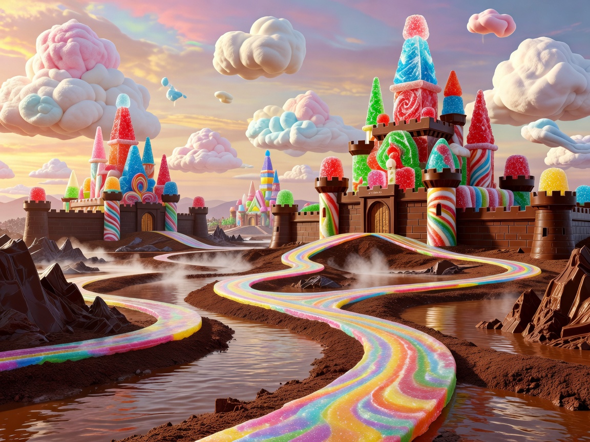 Magical candy kingdom with giant candy castles, rainbow roads, chocolate rivers, marshmallow clouds