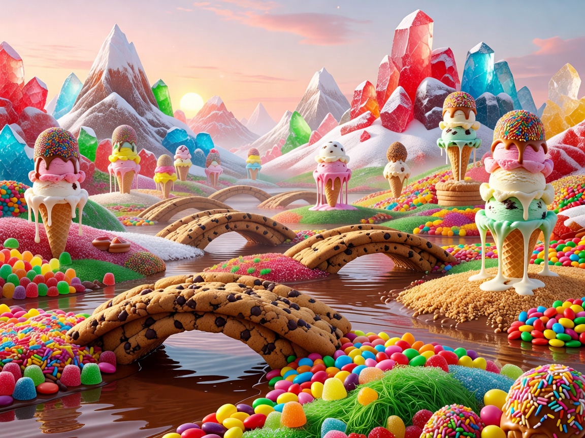 Panoramic candy landscape featuring cookie bridges, candy mountains, and ice cream towers
